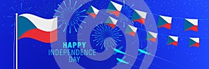 JanuaryÂ 1 Czech Republic Independence Day greeting card. Celebration background with fireworks, flags, flagpole and text